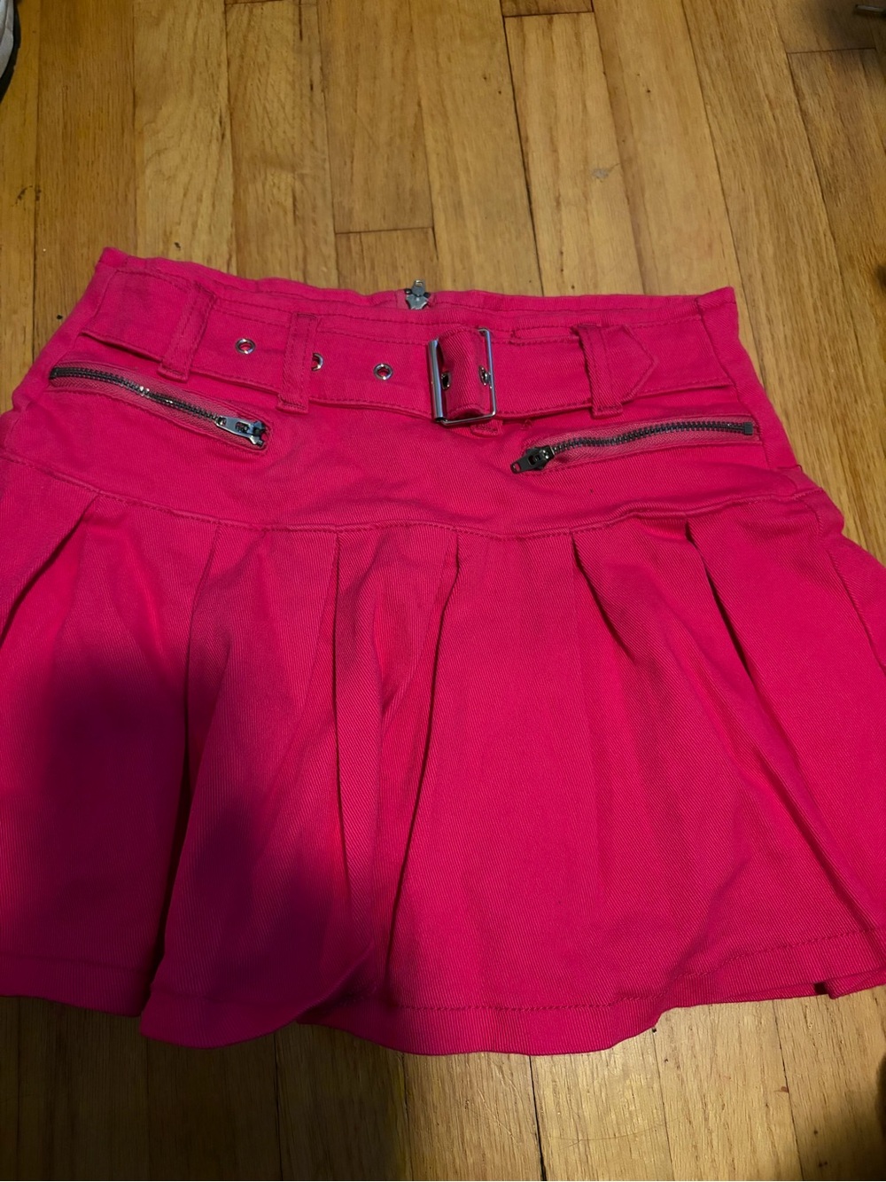 Hot Pink Pleated Skater Mini Skirt with Belt and Zip Detail
